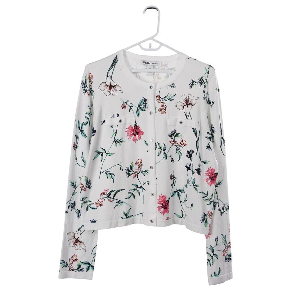 White House Black Market Cardigan XL White Floral Snap Button Cotton Blend Knit